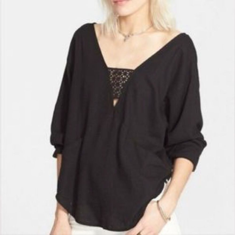 Free People Women’s Black Deep V Neck Lace Linen blend Flowy oversized Top M NWT